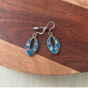 Vintage Alpaca Silver Abalone Shell Blue Geometric Inlay Design Dangle Earrings